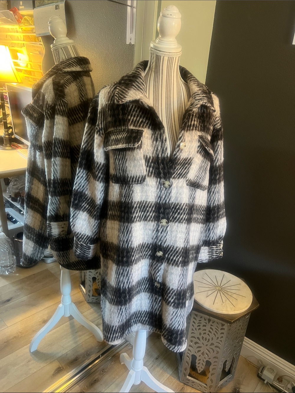 NWT. Vince Camuto, Black & White Plaid Teddy Shacket